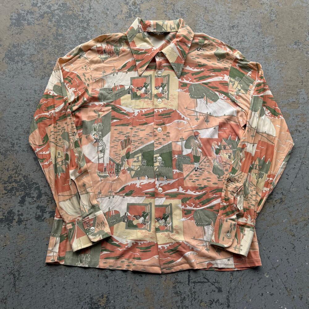 Vintage Shirt # One 65% Acetate 35% Nylon Scenic Costal Print Button Up Sz L